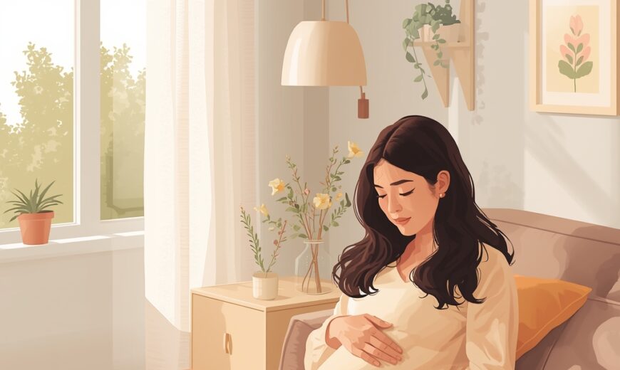Femme enceinte caressant tendrement son ventre dans un salon lumineux