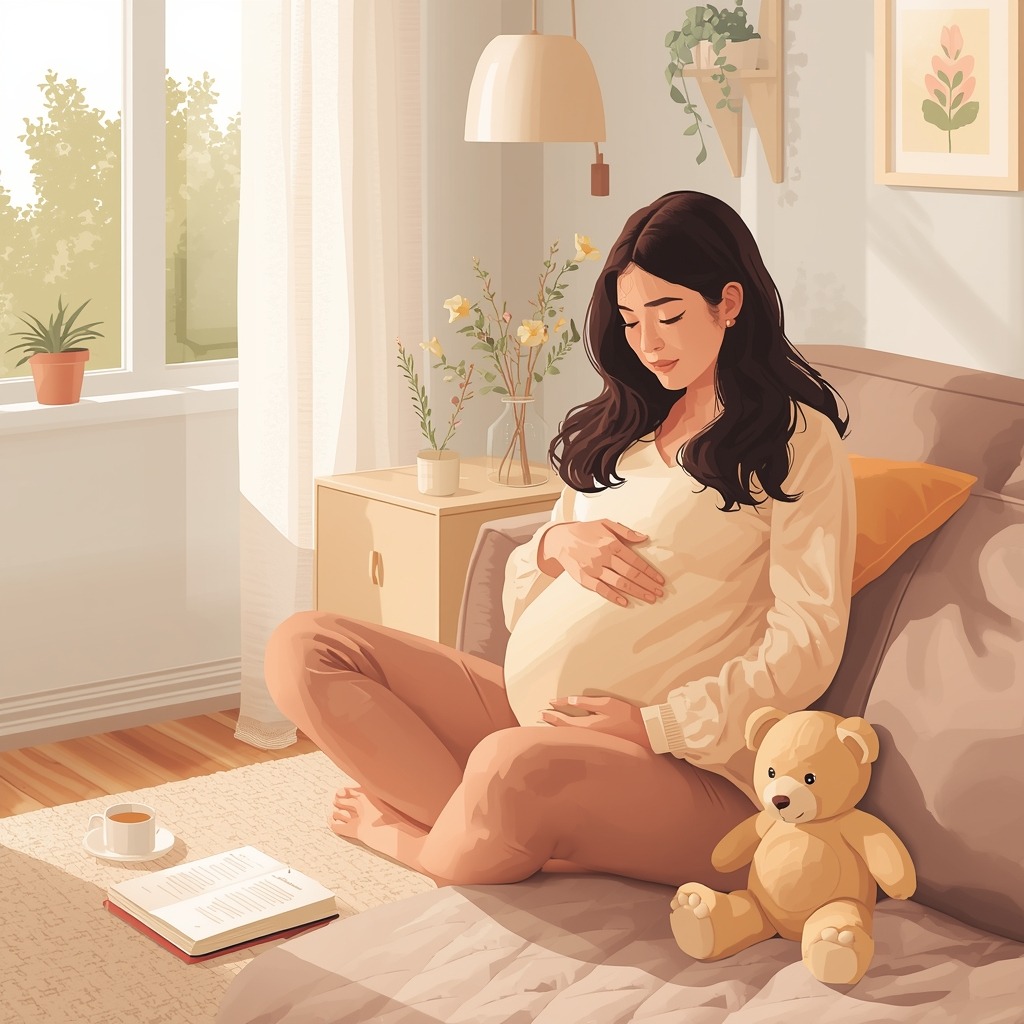 Femme enceinte caressant tendrement son ventre dans un salon lumineux