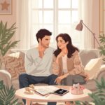 Jeune couple réfléchissant à leur désir d’enfant, assis dans un salon chaleureux avec carnet de notes et objets de bébé – parentalité consciente et préparation à la grossesse