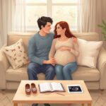 Couple attend un bébé, assis tendrement sur un canapé